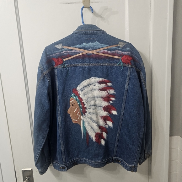 One Of A Kind, Hand Painted Native American Jean Jacket. Oversized Large - Picture 1 of 7